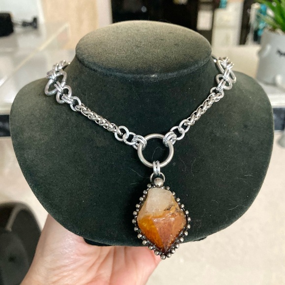 Genuine yellow orange citrine crystal maille chain silver boho gem necklace - Picture 5 of 16